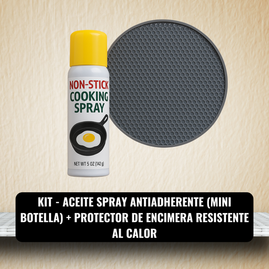 Set Aceite spray antiadherente (mini botella) + Protector de encimera resistente al calor